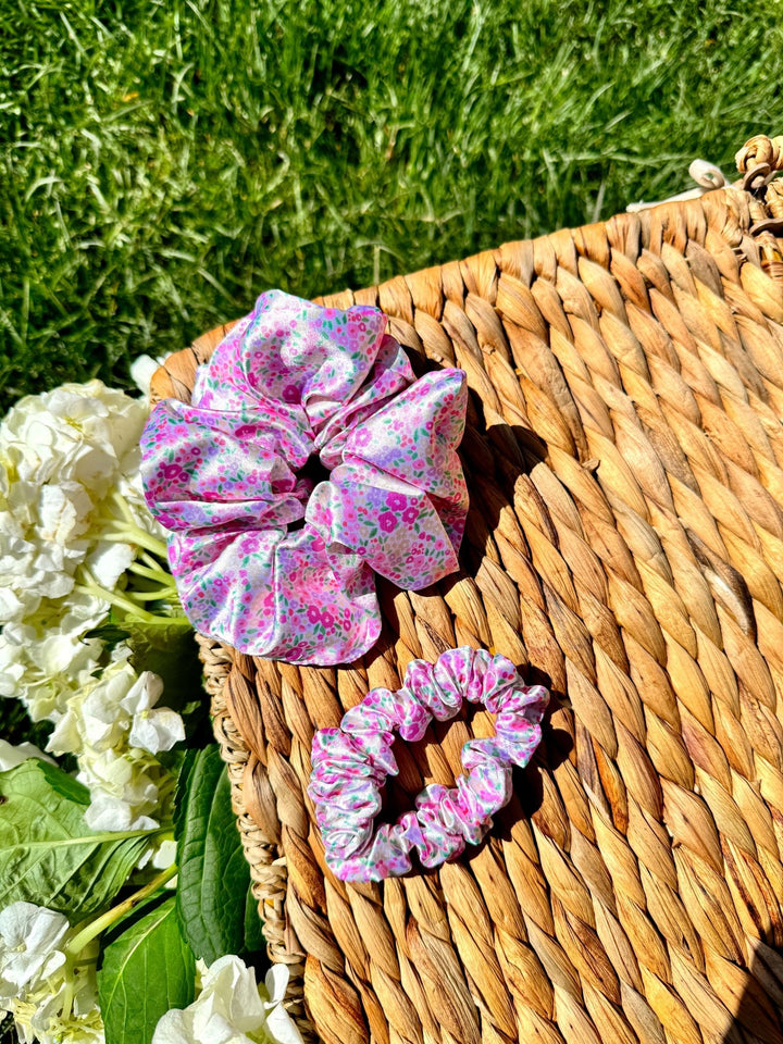 PINK & PURPLE FLORAL - Printed Silk Scrunchie - Beyond Scrunchies