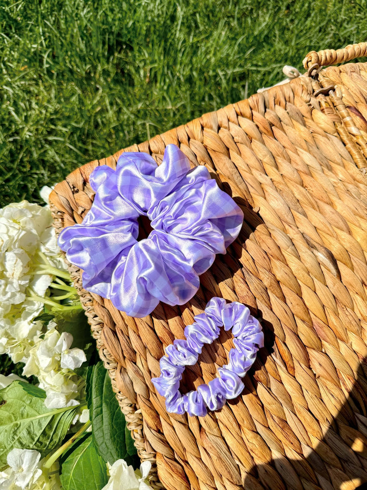 PURPLE GINGHAM - Printed Silk Scrunchie - Beyond Scrunchies