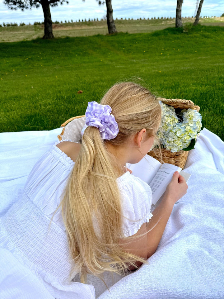 PURPLE GINGHAM - Printed Silk Scrunchie - Beyond Scrunchies