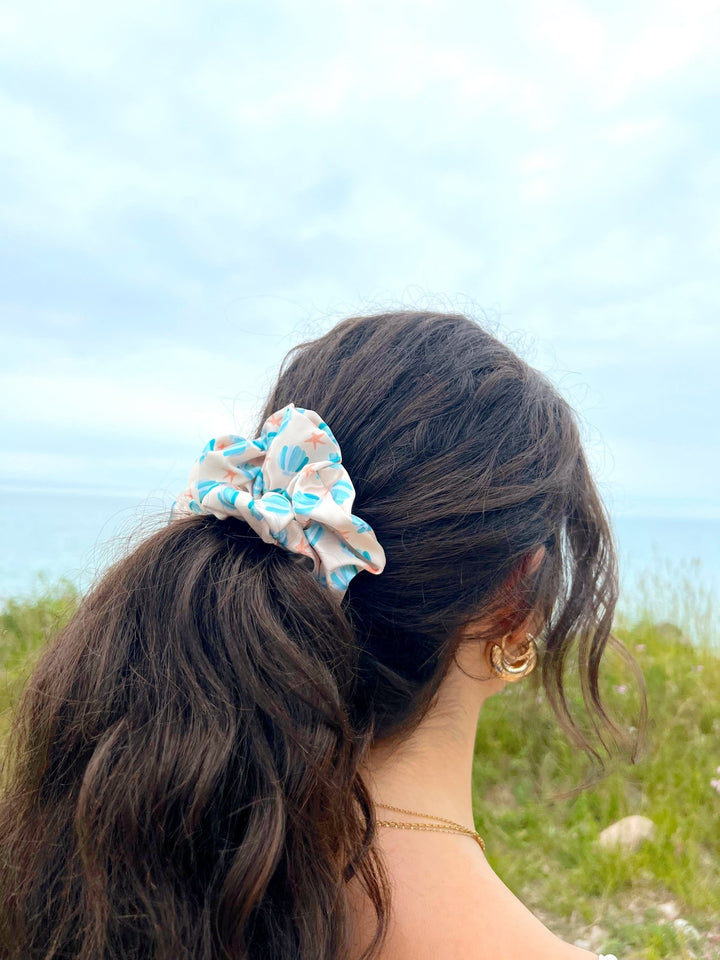 BLUE SEASHELLS - Printed Silk Scrunchie - Beyond Scrunchies