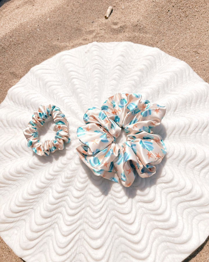 BLUE SEASHELLS - Printed Silk Scrunchie - Beyond Scrunchies