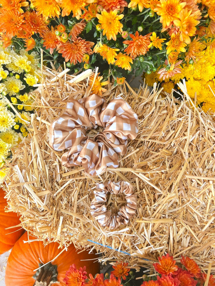 CARAMEL GINGHAM - Silk Skinny Scrunchie - Beyond Scrunchies