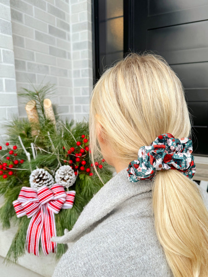GREEN CHRISTMAS FLORAL - Mulberry Silk Scrunchie - Beyond Scrunchies
