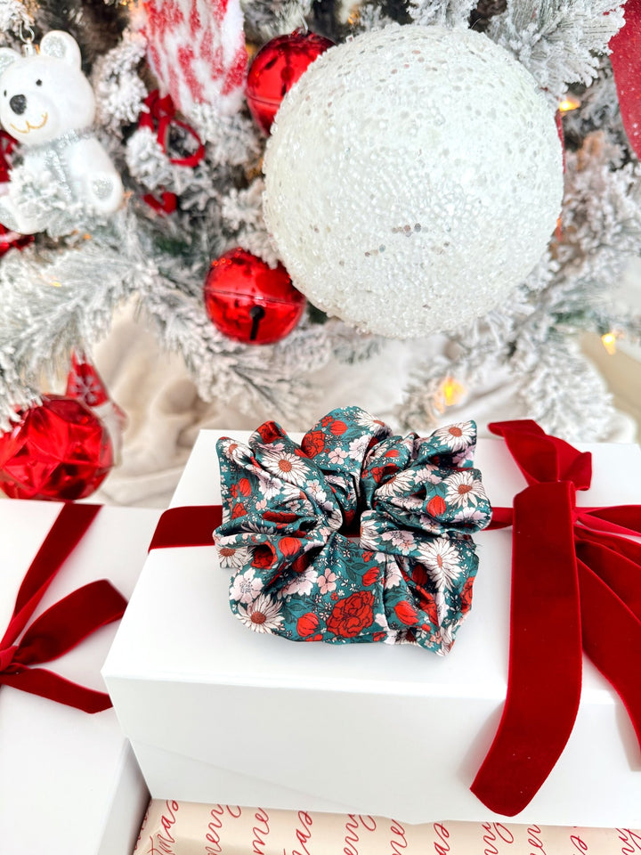 GREEN CHRISTMAS FLORAL - Mulberry Silk Scrunchie - Beyond Scrunchies
