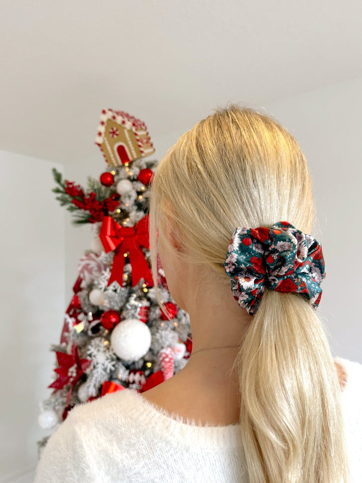 GREEN CHRISTMAS FLORAL - Mulberry Silk Scrunchie - Beyond Scrunchies