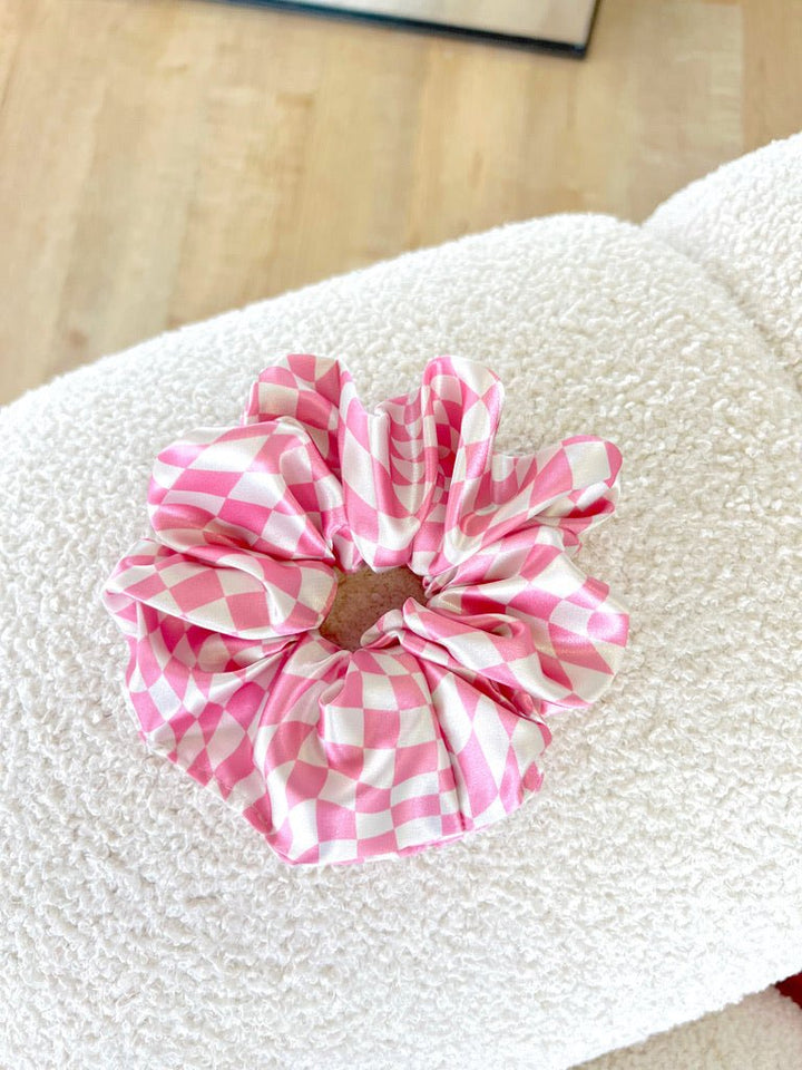GROOVY PINK CHECKER - Printed Silk Scrunchie - Beyond Scrunchies