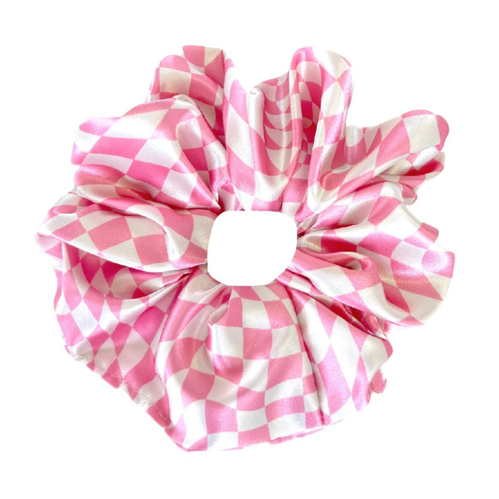GROOVY PINK CHECKER - Printed Silk Scrunchie - Beyond Scrunchies