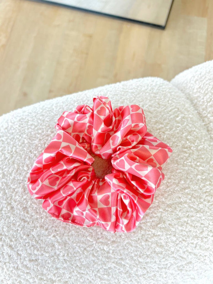 PINK HEART CHECKER - Printed Silk Scrunchie - Beyond Scrunchies