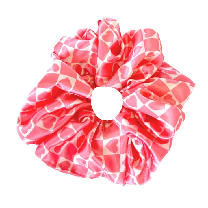 PINK HEART CHECKER - Printed Silk Scrunchie - Beyond Scrunchies
