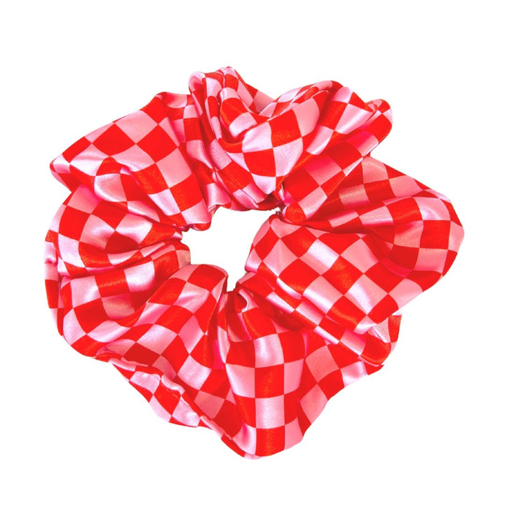 PINK & RED CHECKER - Printed Silk Scrunchie - Beyond Scrunchies