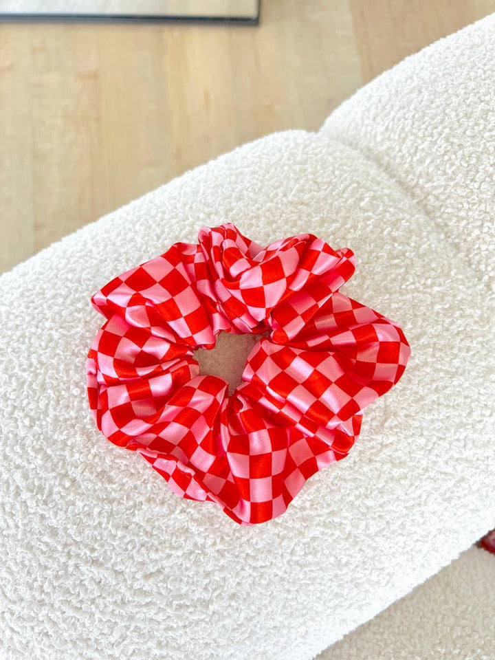 PINK & RED CHECKER - Printed Silk Scrunchie - Beyond Scrunchies
