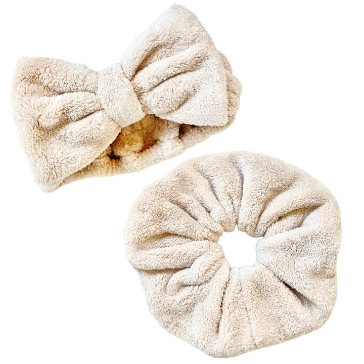 SET OF MICROFIBER TOWEL SCRUNCHIE & HEADBAND SET - Beige - Beyond Scrunchies