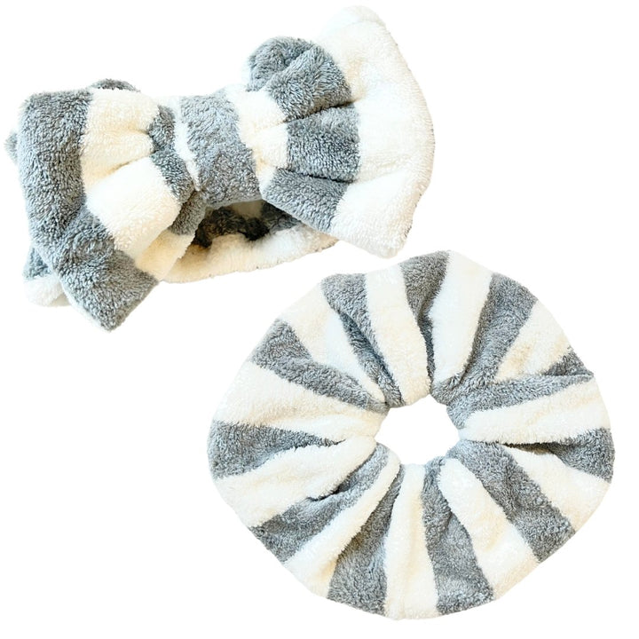 SET OF MICROFIBER TOWEL SCRUNCHIE & HEADBAND SET - Gray & White - Beyond Scrunchies