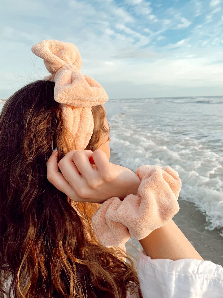 SET OF MICROFIBER TOWEL SCRUNCHIE & HEADBAND SET - Peach - Beyond Scrunchies