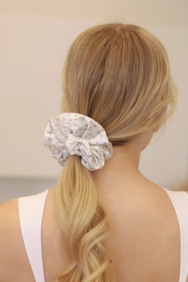 DAINTY GREEN FLORAL - Printed Silk Scrunchie - Beyond Scrunchies