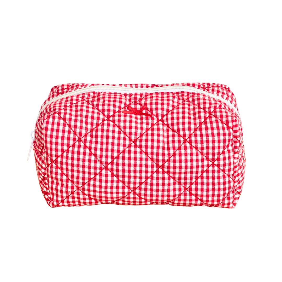 MEDIUM QUILTED MAKEUP BAG - RED GINGHAM - Beyond Scrunchies