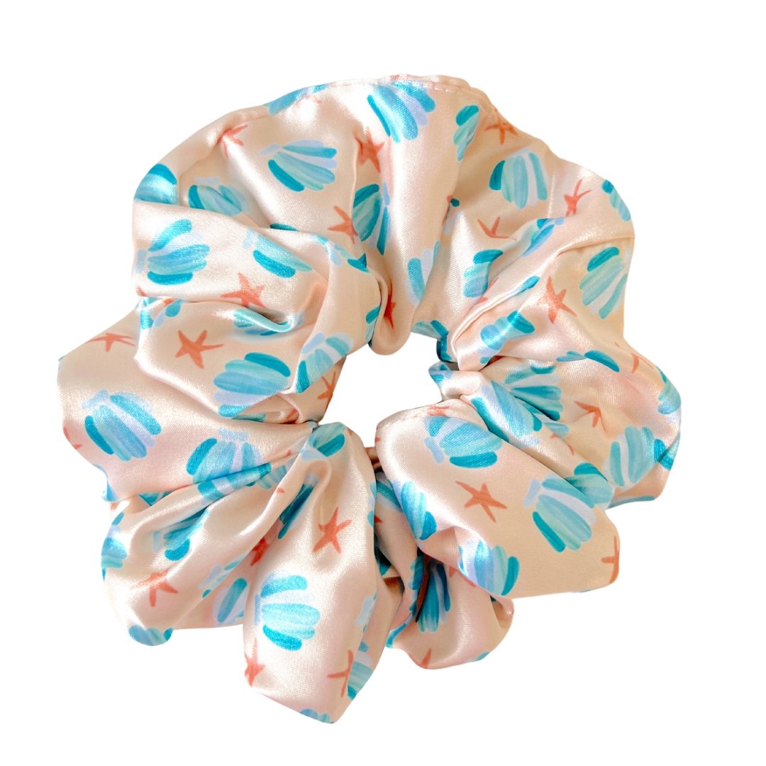 BLUE SEASHELLS - Printed Silk Scrunchie - Beyond Scrunchies