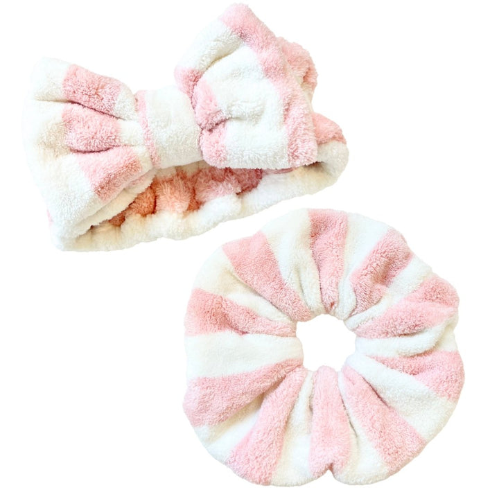 SET OF MICROFIBER TOWEL SCRUNCHIE & HEADBAND SET - Pink & White - Beyond Scrunchies